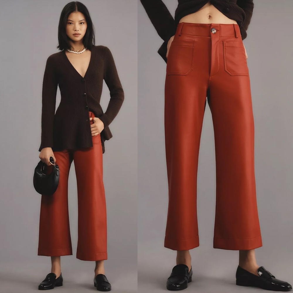 Anthropologie Maeve The Colette Faux Leather Crop Wide Leg Pants Red